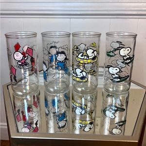 Vintage Rare Peanuts Tall Glass Jelly Jar Snoopy Lucy Charlie Brown Lot of 4